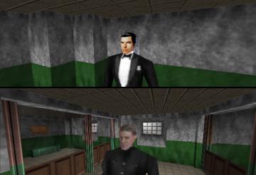 In GoldenEye 007 on the N64, there is a level where Bond needs to retrieve  a video tape from a bunker. The video tape is a VHS copy of GoldenEye, the  movie